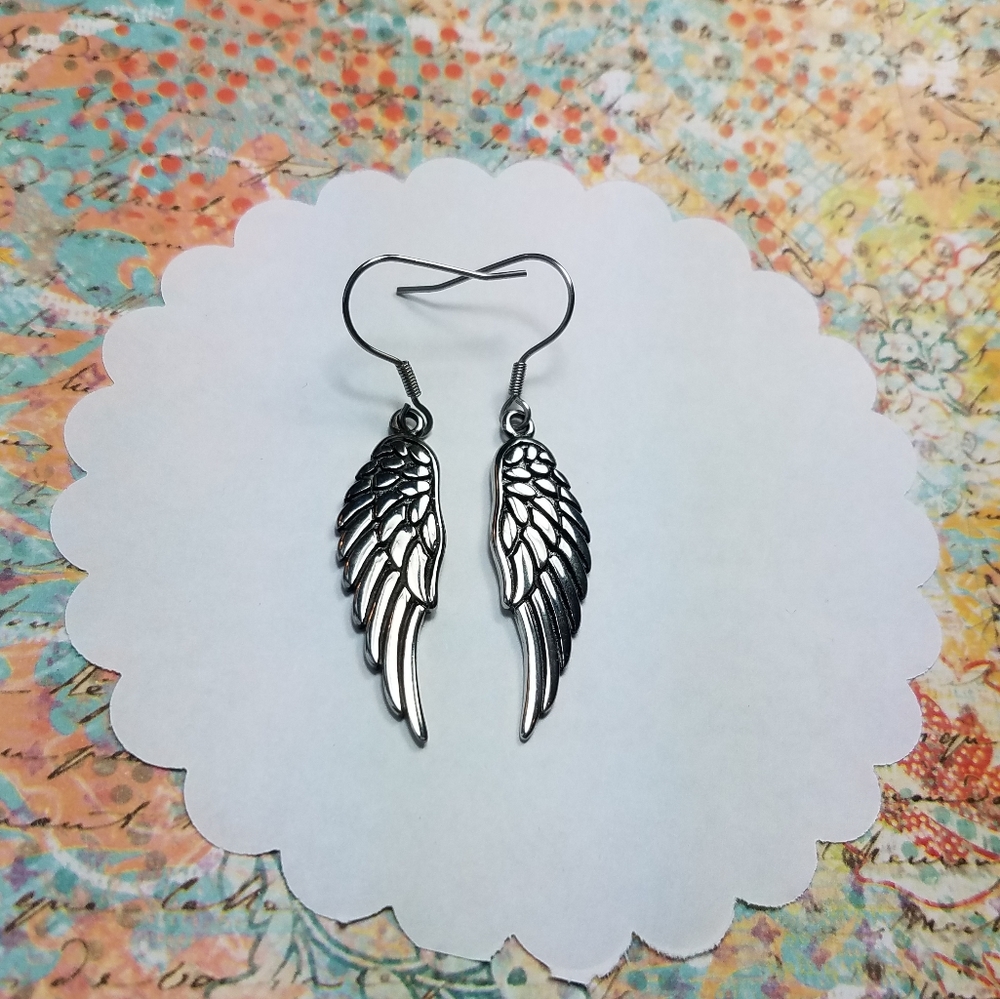 Gift Boxed beautiful Angel Wing Dangle Earrings. Stainless Steel No Tarnish